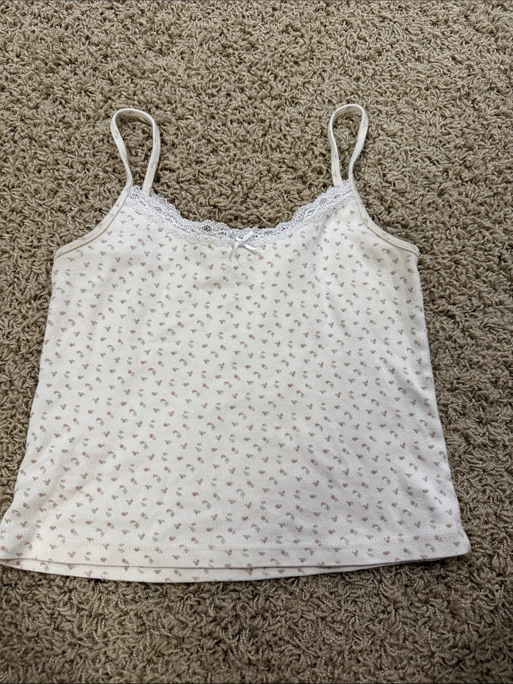 Brandy Melville White Cami with Pink Floral Print & Lace Trim